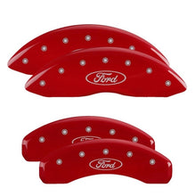 Cargar imagen en el visor de la galería, MGP 4 Caliper Covers Engraved Front &amp; Rear Ford Oval Logo Red Finish Silver Char 2021 Ford F-150